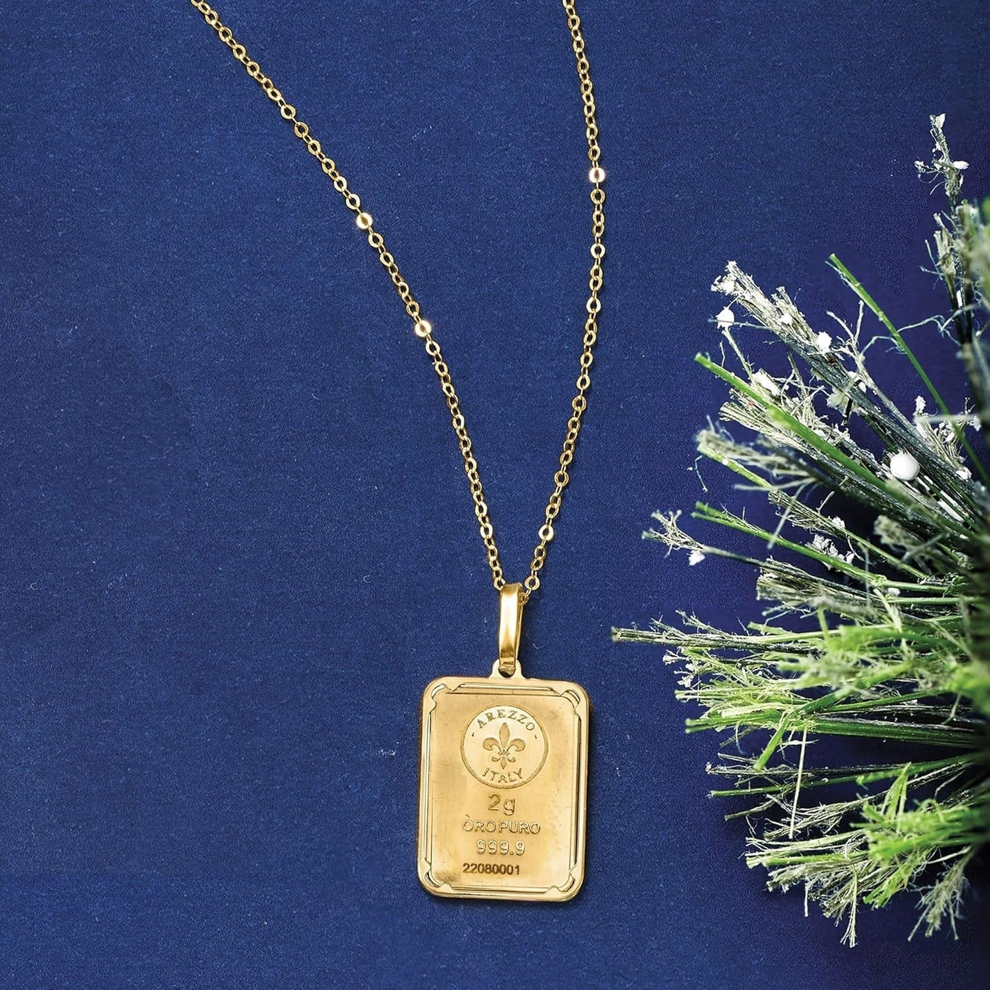 Italian 24Kt Yellow Gold Fleur-De-Lis 2-Gram Ingot Pendant Necklace with 14Kt Yellow Gold Frame. 20 Inches