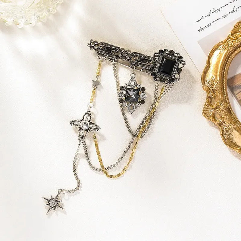 Fashion Black Six-Pointed Star Crystal Tassel Pendant Brooch Retro Pin Baroque Gemstone Decoration Simple Personality Rhinestone Zircon Square Flower Brooch Women and Men Unisex Clothing Accessories Wedding Engagement Bride Anniversary Party Jewelry Gift