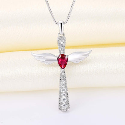 Cross Necklace 925 Sterling Silver Angel Wings Pendant Teardrop Birthstone Criss Jewelry for Women