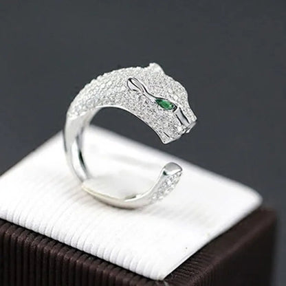 Fashion Rings Personality 925 Sterling Silver Plated Jaguar Rings with Green Rhinestone Eyes Animal