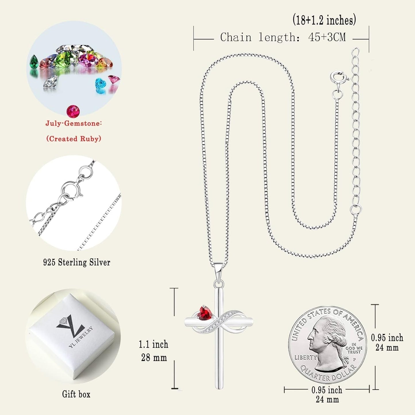Infinity Cross Necklace Sterling Silver Crucifix Pendant Heart Birthstone Criss Jewelry for Women