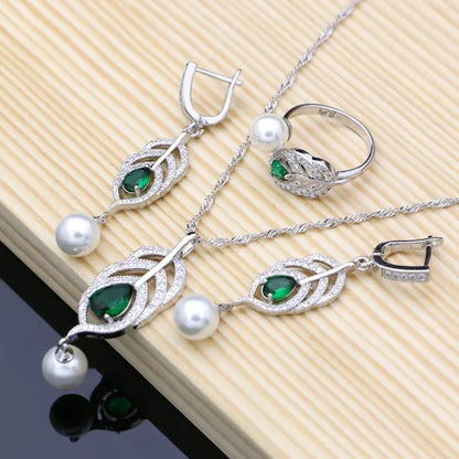 925 Sterling Silver Bridal Jewelry Sets Green Emerald with Pearls Beads Women Wedding Earrings/Pendant/Necklace/Ring/Bracelet