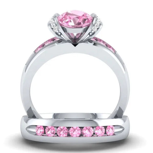 Natural Pink Sapphire & Diamond Round Cut Engagement Wedding 18 K White Gold Filled Ring
