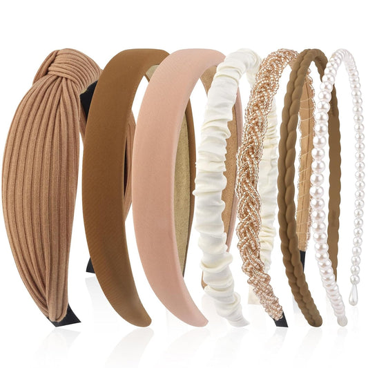 7 Pcs Different Headbands for Women Fashion Brown Knotted Solid Head Bands Pearl Headband Non Slip Hair Band for Womens Thin Thick Short Hair Face Wash Hair Accessories Gifts for Women Gilrs - WORLD TIME VISITS