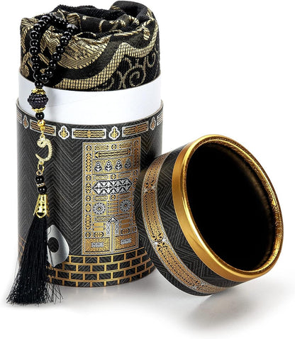 Muslim Prayer Rug and Prayer Beads with Elegant Design Cylinder Gift Box, Janamaz, Sajadah, Soft Islamic Gifts Set, Carpet Mat, Taffeta Fabric, Black