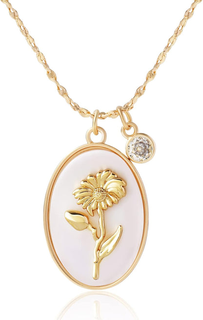 Birth Flower Shell Cameo Necklace with Birthstone Charms for Women: Dainty 18K Gold Plated Vintage Crystal Seashell Personalized Necklaces Aesthetic Birthday Gifts
