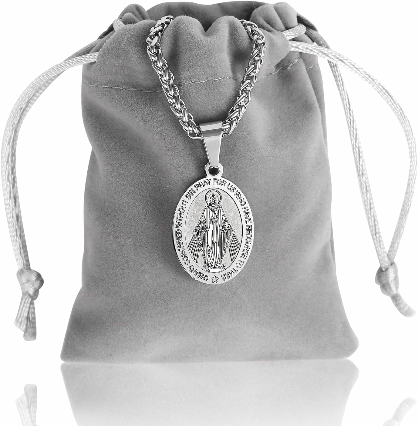Virgin Mary Necklace for Men Boys Miraculous Medal Stainless Steel Mary Mother of God Pendant De La Virgen Maria Medallion Holy Mary Charm
