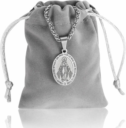 Virgin Mary Necklace for Men Boys Miraculous Medal Stainless Steel Mary Mother of God Pendant De La Virgen Maria Medallion Holy Mary Charm