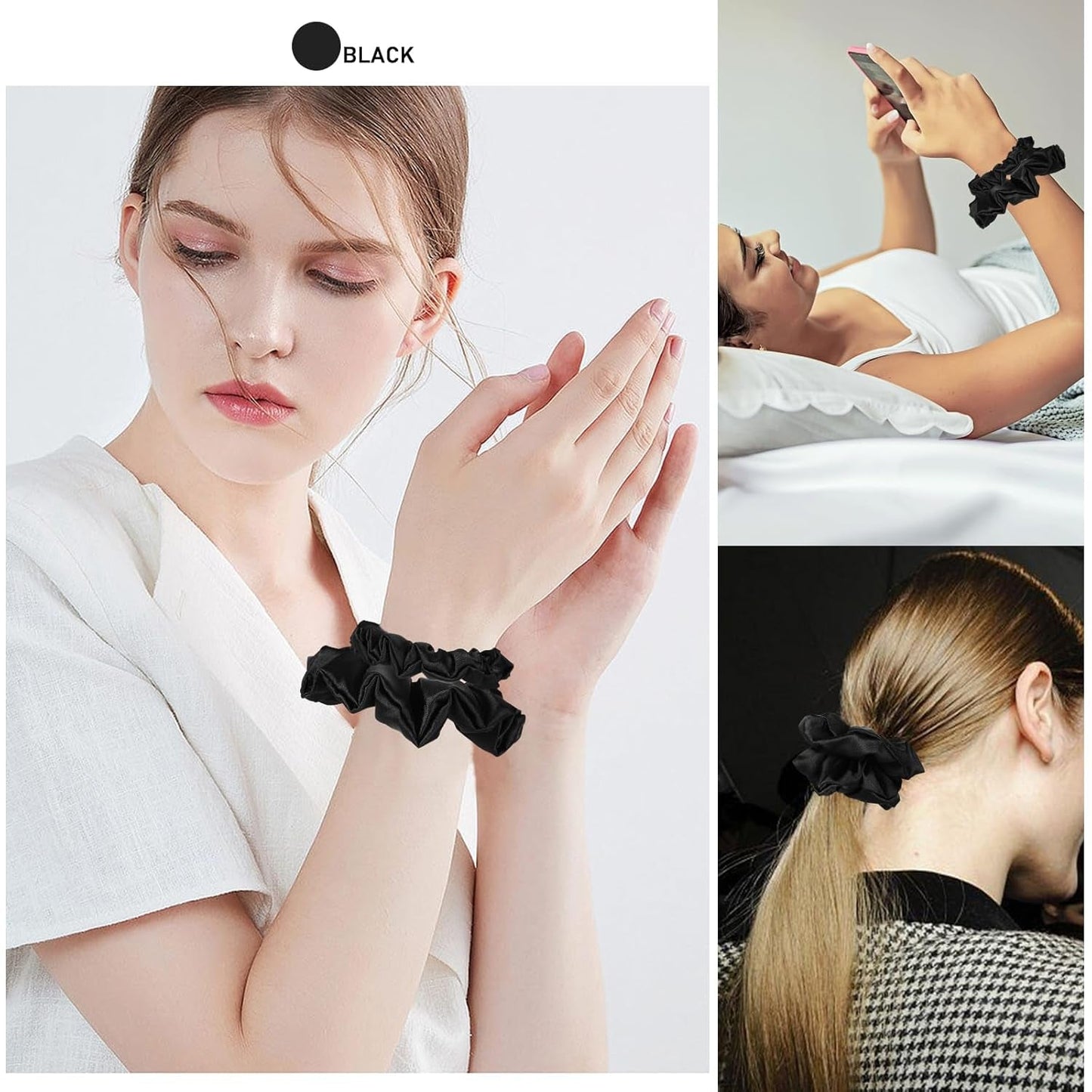6 Pack Satin Scrunchies - Assorted Sizes, Soft and Stylish Hair Scrunchies and Bands for Women and Girls, Black
