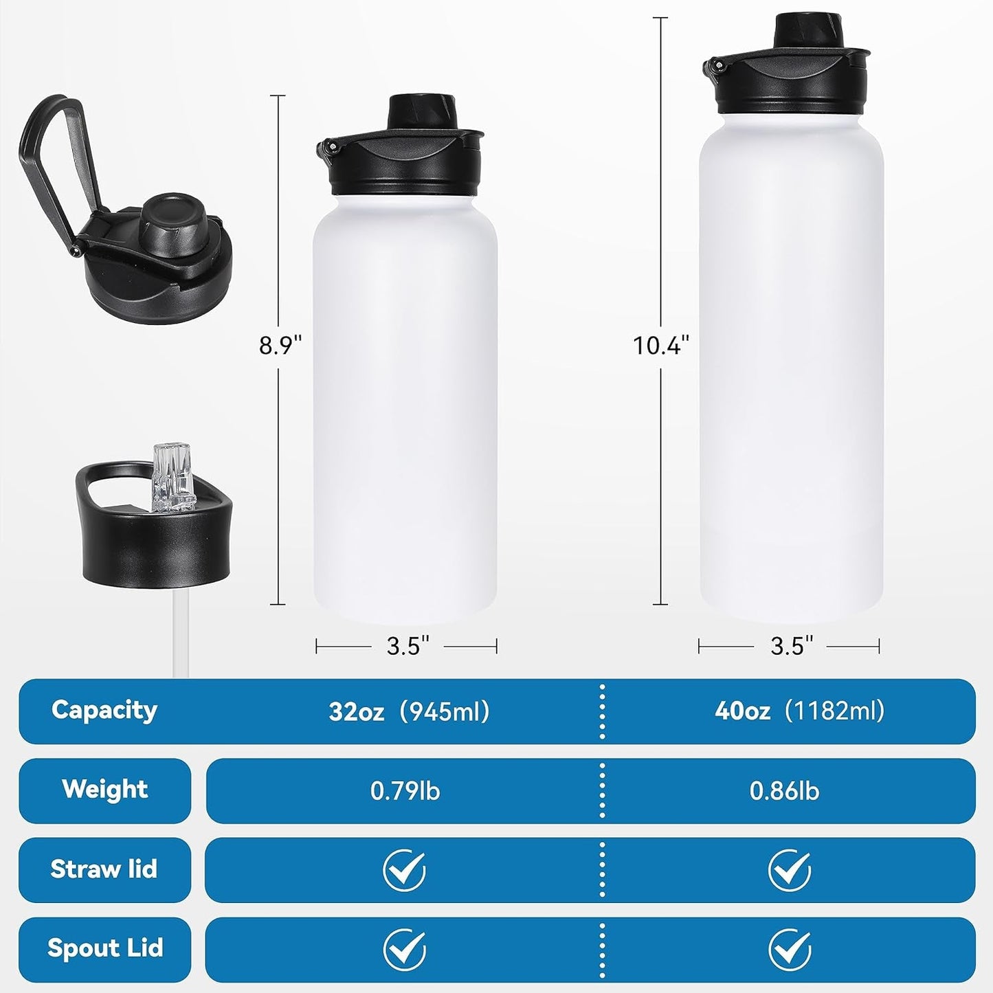 32 Oz Insulated Water Bottle Stainless Steel Metal Water Bottles with Leak Proof Straw Lid & Spout Lid, Wide Mouth Double Walled Vacuum Travel Sports Bottle, White