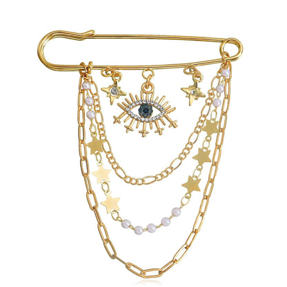 Crystal Eye Brooch Pin Multi-Layer Hanging Chain Lapel Pin Elegance CZ Evil Eye Star Charm Brooch Lucky Devil Eye Tassel Pin Wedding Bouquet Badge Jewelry for Women Men