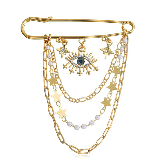 Crystal Eye Brooch Pin Multi-Layer Hanging Chain Lapel Pin Elegance CZ Evil Eye Star Charm Brooch Lucky Devil Eye Tassel Pin Wedding Bouquet Badge Jewelry for Women Men