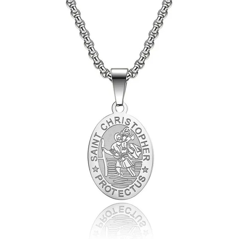 Oval St Christopher Medal Necklace Stainless Steel Saint Christopher Protect Us Pendant Catholic Patron Religious Amulet Jewelry Silver / Black / Silver