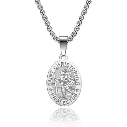 Oval St Christopher Medal Necklace Stainless Steel Saint Christopher Protect Us Pendant Catholic Patron Religious Amulet Jewelry Silver / Black / Silver