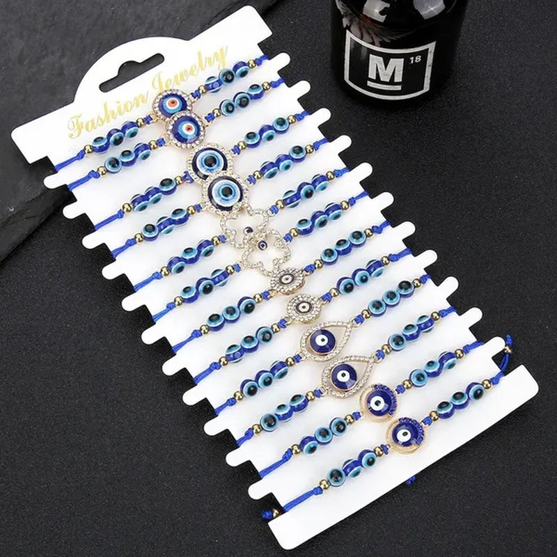 12 Pcs/Set Bohemian Handmade Braided Rope Charm Bracelets Rhinestone Blue Round Beads Evil Eye Bracelet  for Women Men Friendship Jewelry Gifts