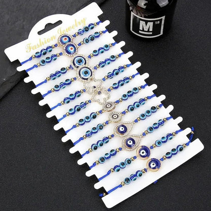 12 Pcs/Set Bohemian Handmade Braided Rope Charm Bracelets Rhinestone Blue Round Beads Evil Eye Bracelet  for Women Men Friendship Jewelry Gifts