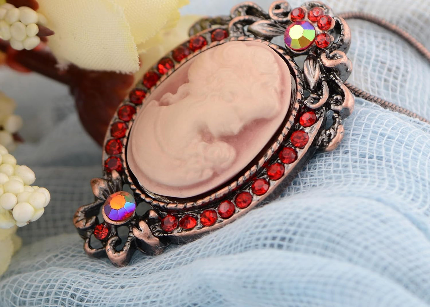 Vintage Inspired Rhinestones Cameo Lady Victorian Maiden Pendant Necklace
