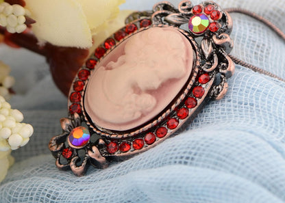 Vintage Inspired Rhinestones Cameo Lady Victorian Maiden Pendant Necklace