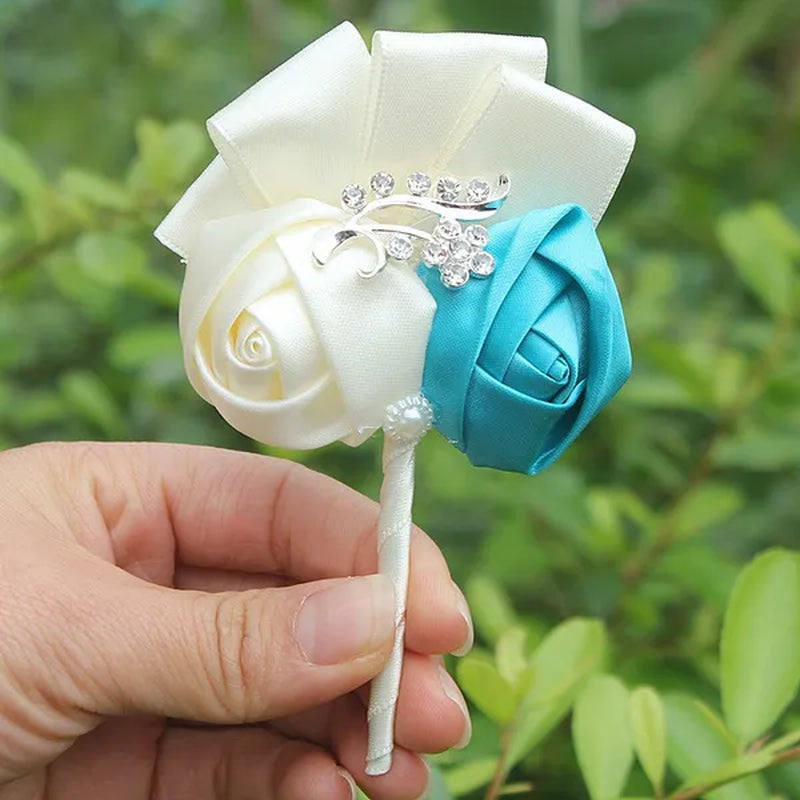 Handmade 8Piece/Lot Colorful Silk Rose Wedding Corsages Boutonniere Groom Diamond Wedding Flowers Boutonniere Brooch Flower