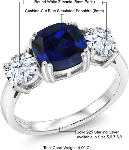 925 Sterling Silver Blue Simulated Sapphire and White Zirconia 3 Stone Engagement Ring for Women (4.00 Cttw, Gemstone September Birthstone, Cushion 8MM, Available in Size 5,6,7,8,9)