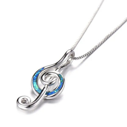 925 Sterling Silver White Blue Fire Opal Music Note Pendant Necklaces for Women Christmas Gifts Jewelry