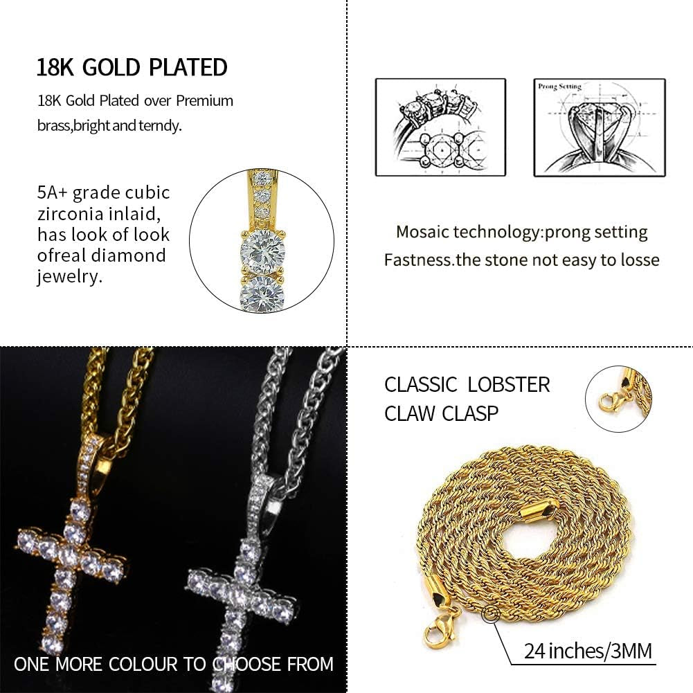Cross Chain for Men Gold Cross Necklace 14K Gold Plated Large Nail Cross Chain Iced Out CZ Pendant Hip Hop Jewelry for Women with Stainless Rope Chain