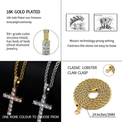 Cross Chain for Men Gold Cross Necklace 14K Gold Plated Large Nail Cross Chain Iced Out CZ Pendant Hip Hop Jewelry for Women with Stainless Rope Chain