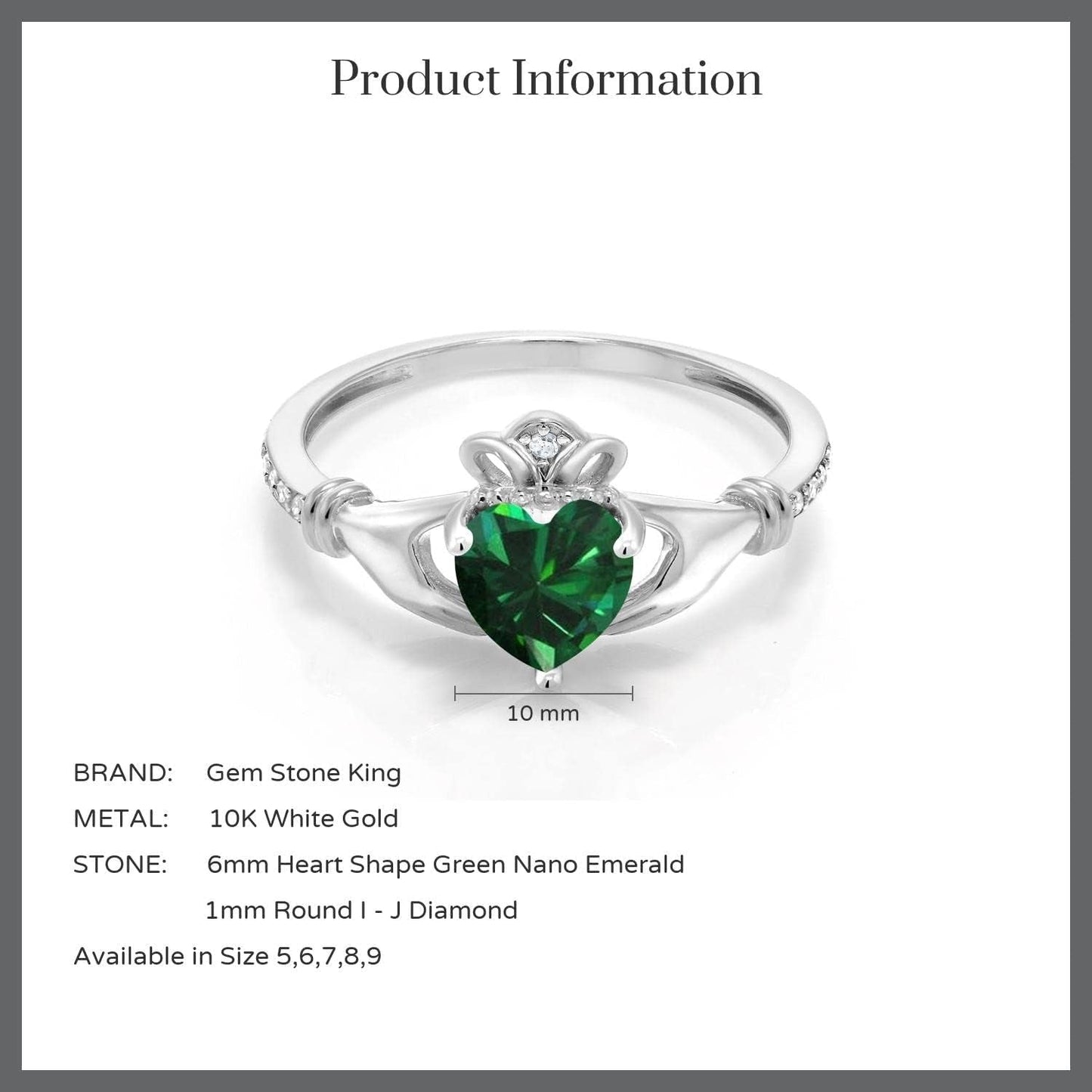 10K White Gold 6MM Heart Shape Gemstone Birthstone and White Diamond Irish Celtic Claddagh Engagement Ring | Gold Ring for Women | Available in Size 5, 6, 7, 8, 9