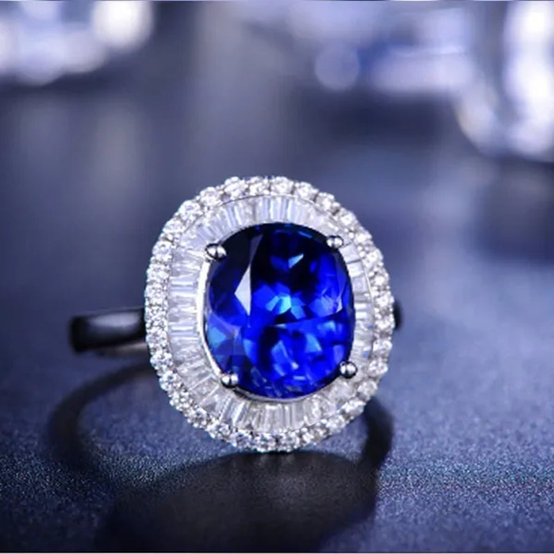 Elegant  Silver Sapphire & White Sapphire Birthstone Gemstones Engagement Wedding Anniversary Ring Size 6 7 8 9 10