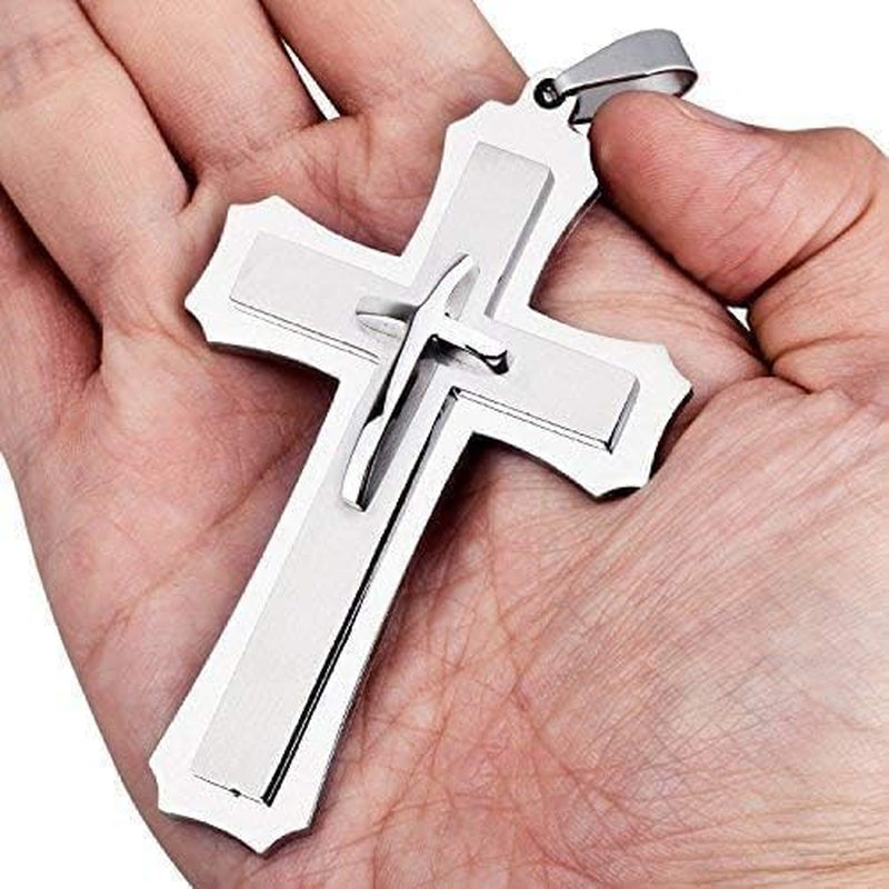 Mens Large Polished Stainless Steel Three Giant Cross Pendant Necklace Silver with 22 Inch Chain - WORLD TIME VISITS