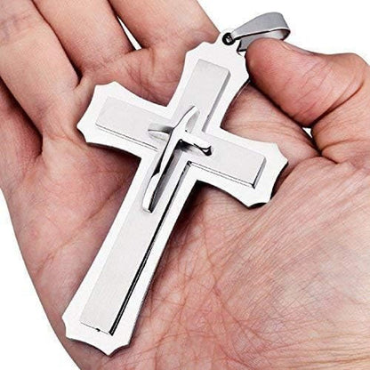 Mens Large Polished Stainless Steel Three Giant Cross Pendant Necklace Silver with 22 Inch Chain - WORLD TIME VISITS