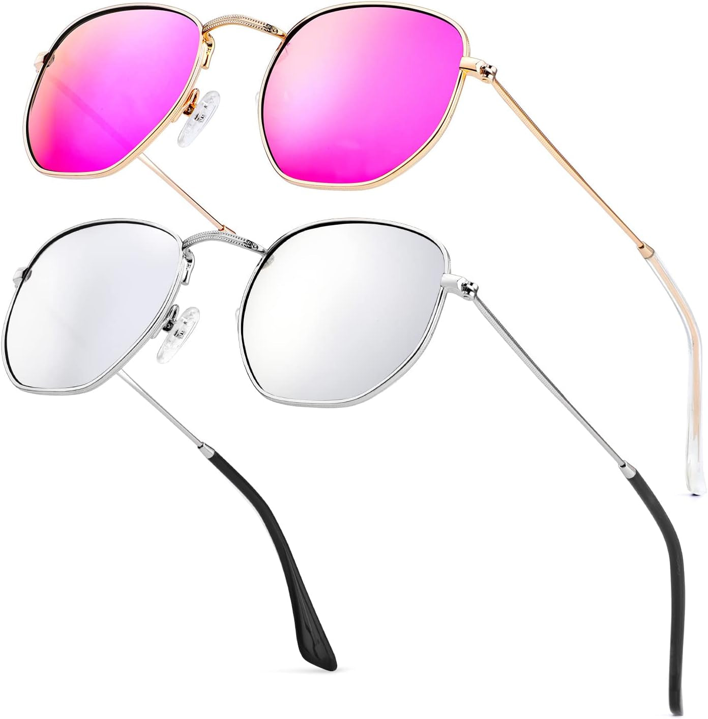 Sunglasses for Women and Men, Polarized Square UV Protection, Trendy Metal Frame Hexagon Sunglasses