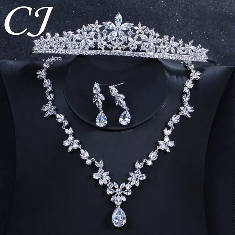 CANDICE Luxurious Classy White Gold Plating Bridal Crown Tiara Necklace Earrings Sets Pave Water Drop Cubic Zirconia Wedding Jewelry Set for Brides