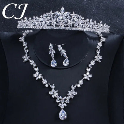 CANDICE Luxurious Classy White Gold Plating Bridal Crown Tiara Necklace Earrings Sets Pave Water Drop Cubic Zirconia Wedding Jewelry Set for Brides