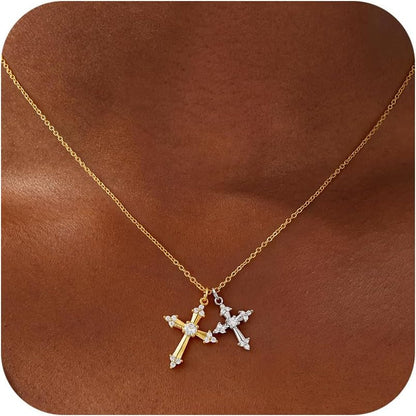 Cross Necklace 14K Gold/Silver Plated Double Cross Pendant Necklace Dainty Diamond Cross Charm Link Chain Choker Delicate Faith Jewelry Religious Gifts for Women,Valentine'S Day Gift
