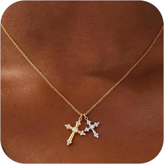 Cross Necklace 14K Gold/Silver Plated Double Cross Pendant Necklace Dainty Diamond Cross Charm Link Chain Choker Delicate Faith Jewelry Religious Gifts for Women,Valentine'S Day Gift