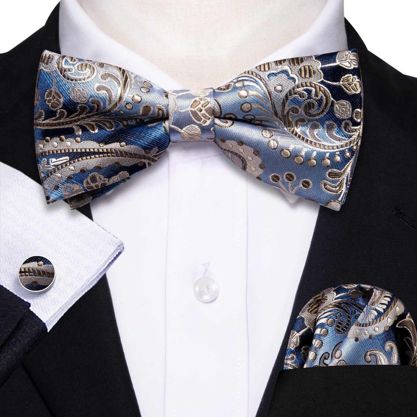 Paisley Striped Bow Tie for Men Silk Pre-Tied Bowtie Pocket Square Cufflinks Set Formal Wedding Party Prom - WORLD TIME VISITS