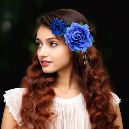 Rose Hair Clip Flower Hairpin Rose Brooch Floral Clips, 4 Pcs Fabric Rose Flowers Hair Clips Mexican Hair Flowers Pin up Headpieces for Woman Girl Wedding Party Mother'S Day (2 Sizes) (Blue)