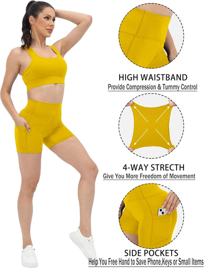 Workout Yoga Biker Shorts for Women with Pockets,Soft High Waisted Tummy Control Running Gym Shorts