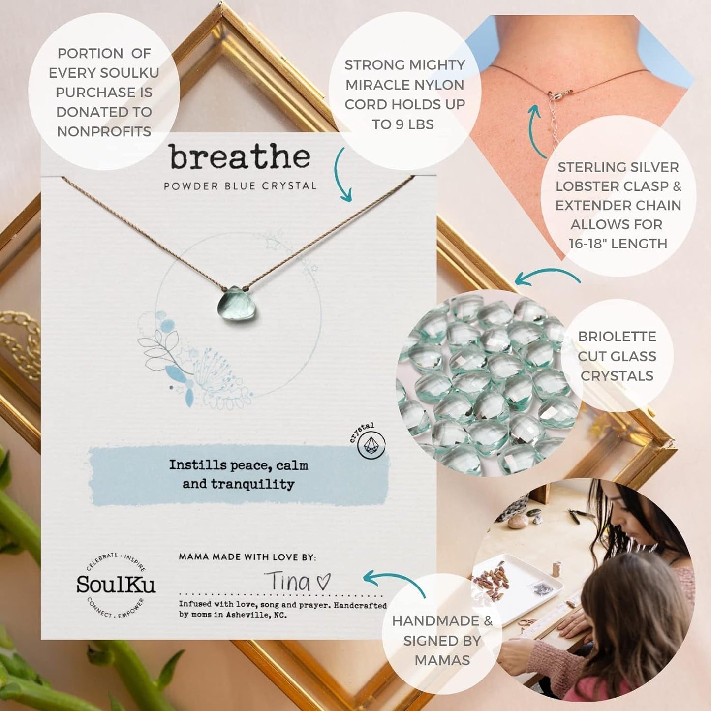 Soul Shine Handmade Necklace, Empowering Jewelry with Healing Crystal, Inspirational Jewelry for Women, Mom & Sister, 2"" Extender with Lobster Clasp, 16"" Nylon Cord (Powder Blue, Breathe)