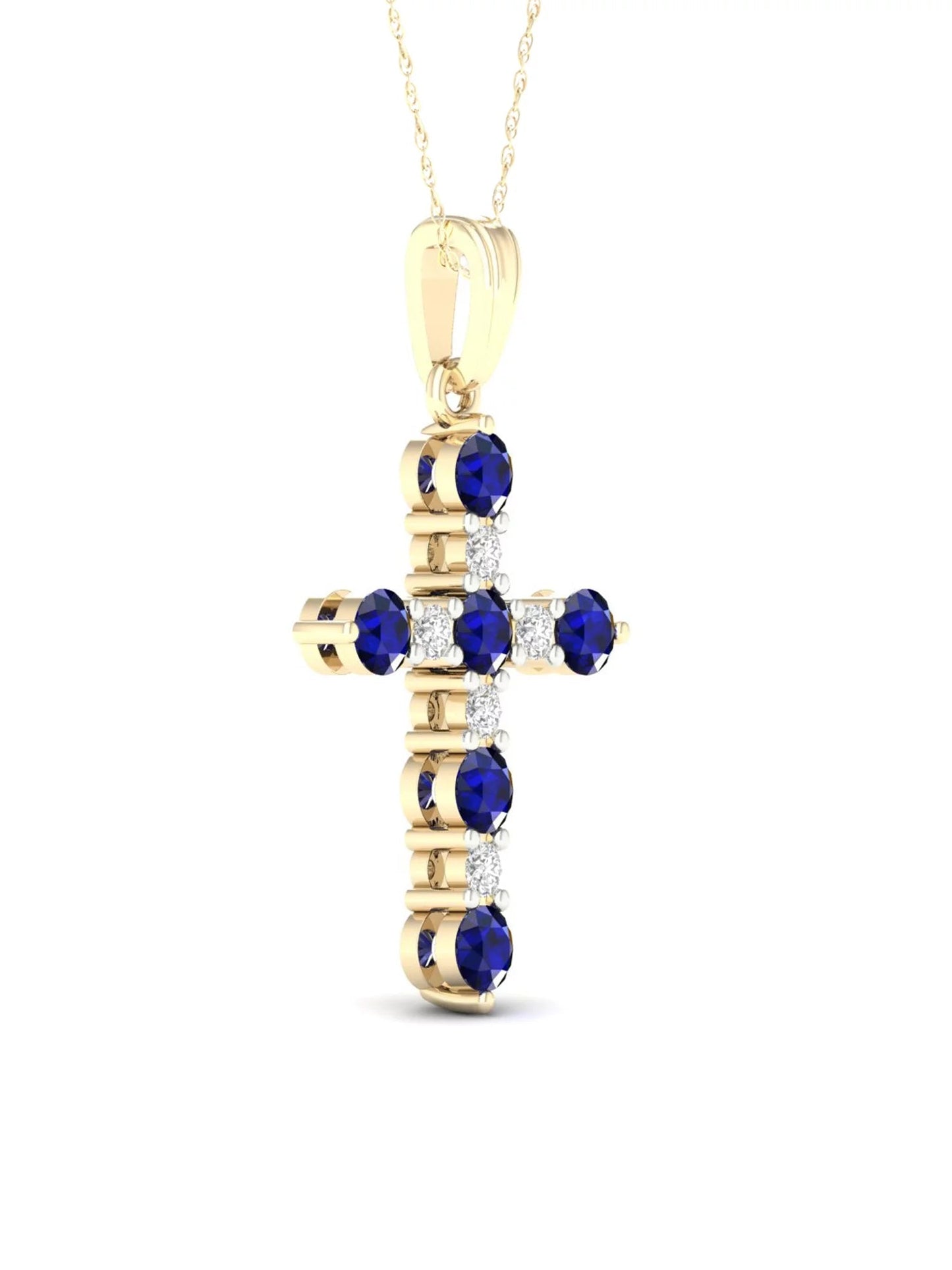 Gemstone 10K Yellow Gold round Blue Sapphire 1/10 CT TW Diamond Cross Necklace
