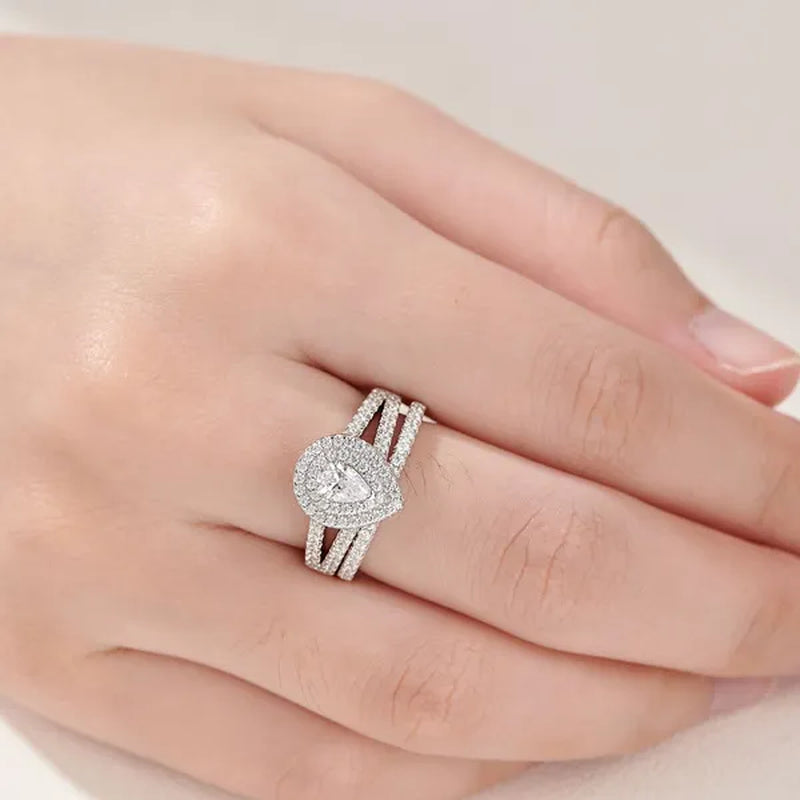 Newshe 2Pcs Wedding Ring Set Classic Jewelry Pear Shape 1.2 Carats AAAAA CZ 925 Sterling Silver Teardrop Engagement Rings for Women Size 5-12