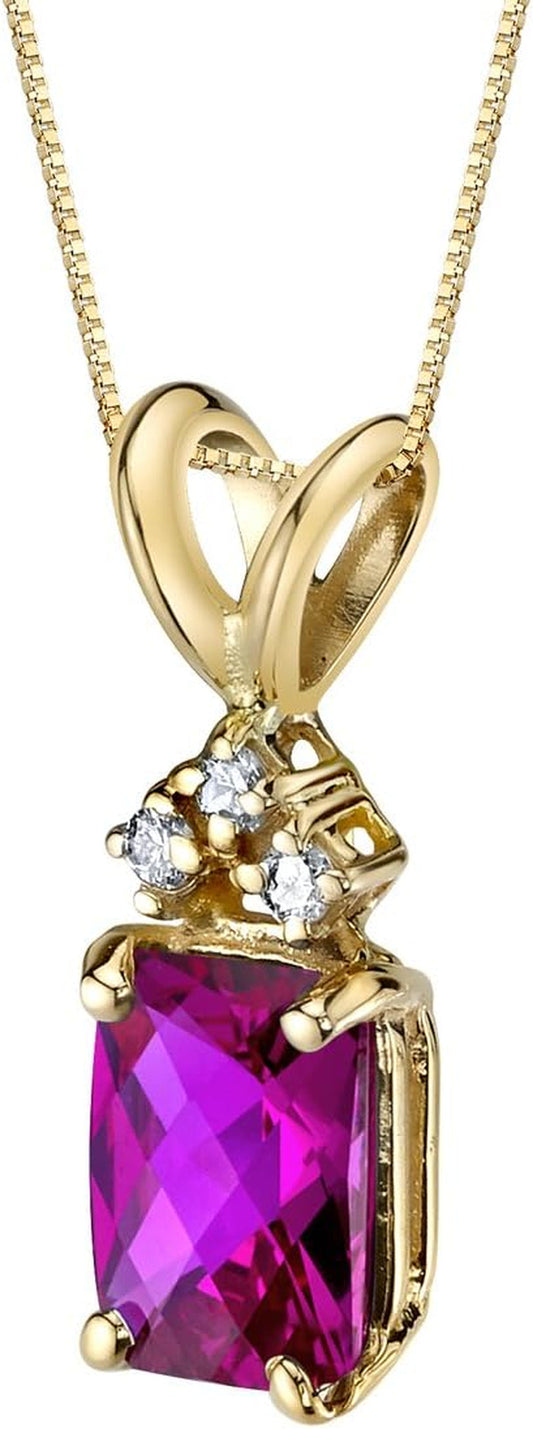 Created Ruby with Genuine Diamond Pendant in 14 Karat Yellow Gold, Elegant Solitaire, Radiant Cut, 7X5Mm, 1.30 Carats Total