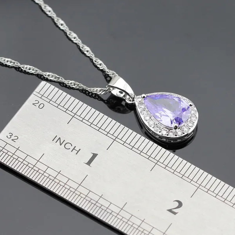 Water Drop Purple Amethyst White Topaz Zircon 925 Silver Wedding Jewelry Sets Necklace Pendant Long Earrings Rings for Women - WORLD TIME VISITS