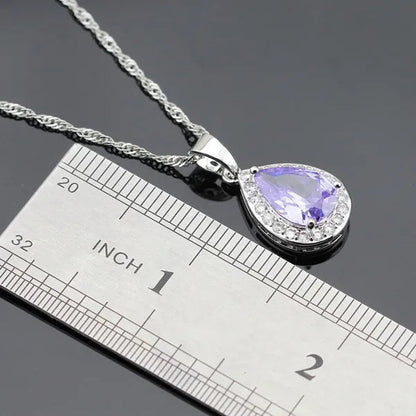 Water Drop Purple Amethyst White Topaz Zircon 925 Silver Wedding Jewelry Sets Necklace Pendant Long Earrings Rings for Women - WORLD TIME VISITS