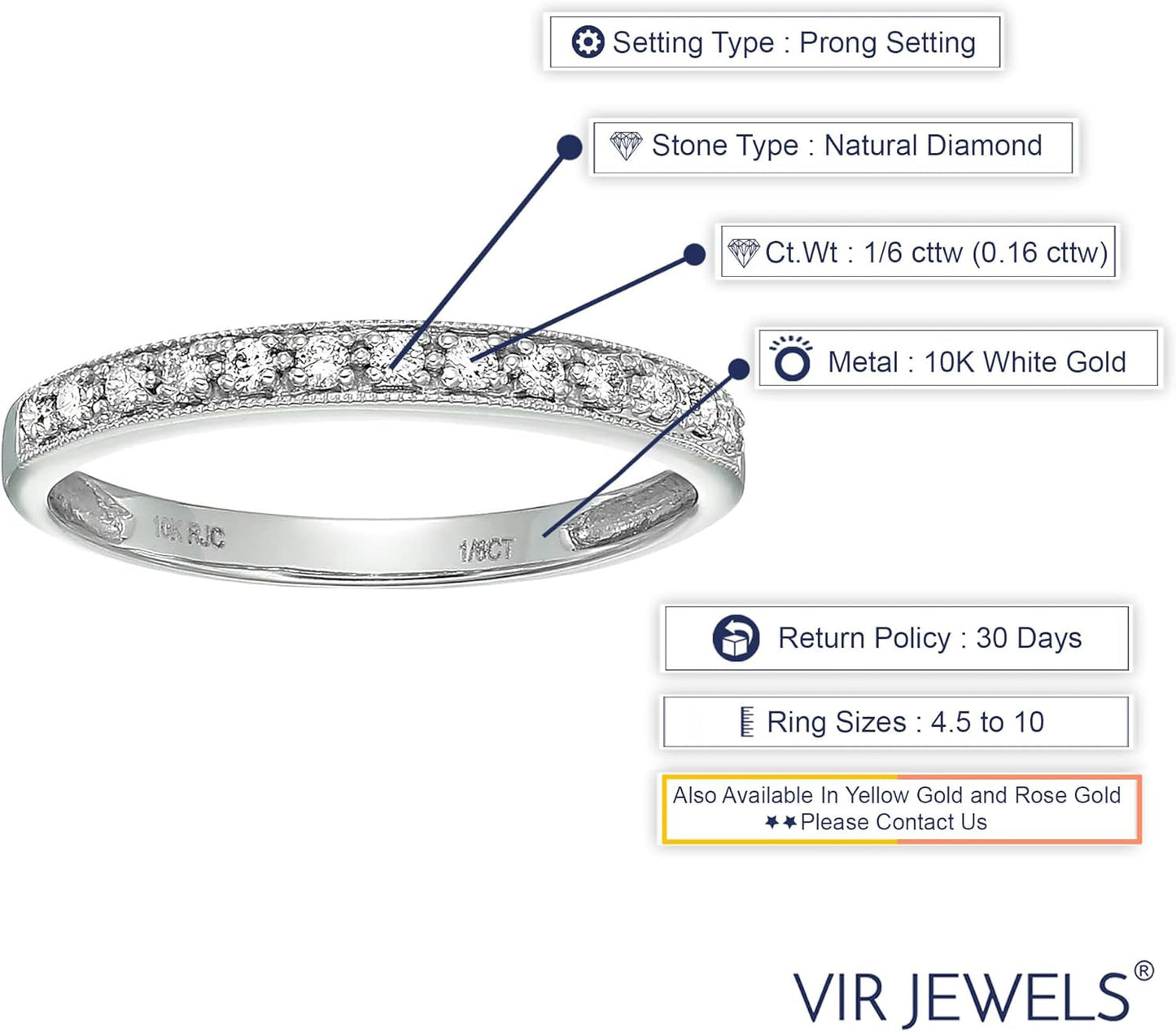 1/6 Carat (Ctw) Diamond Wedding Anniversary Band for Women, Half Eternity Petite round Diamond Engagement Ring 10K White Gold Prong Set with Milgrain 0.16 Cttw, Size 4-10