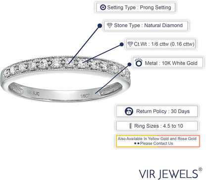 1/6 Carat (Ctw) Diamond Wedding Anniversary Band for Women, Half Eternity Petite round Diamond Engagement Ring 10K White Gold Prong Set with Milgrain 0.16 Cttw, Size 4-10
