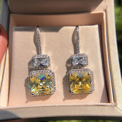 Fashion Women Square Citrine Vice Stone Diamond Earring Silver Plated White Sapphire Drop Earring Girl Wedding Anniversary Gift