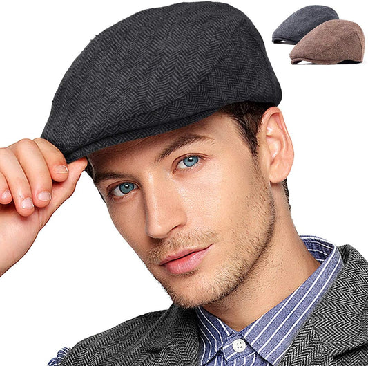 2Pack Adjustable Newsboy Hats for Men Flat Cap Irish Cabbie Wool Blend Tweed - WORLD TIME VISITS