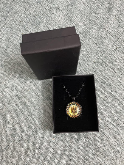 Tryzub Ukrainian Trident Pendant Necklace for Men Women,Ukraine Flag Symbol Logo Necklace Mens Womens  Jewelry Necklace Gift Black Plated Link Chain Glass Cabochon Spiritual Necklace 20'' Chain+2'' Extender (Gift Packaging)